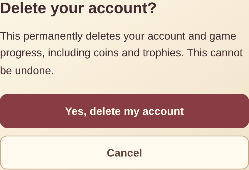 Permanent account deletion warning with confirm and cancel buttons