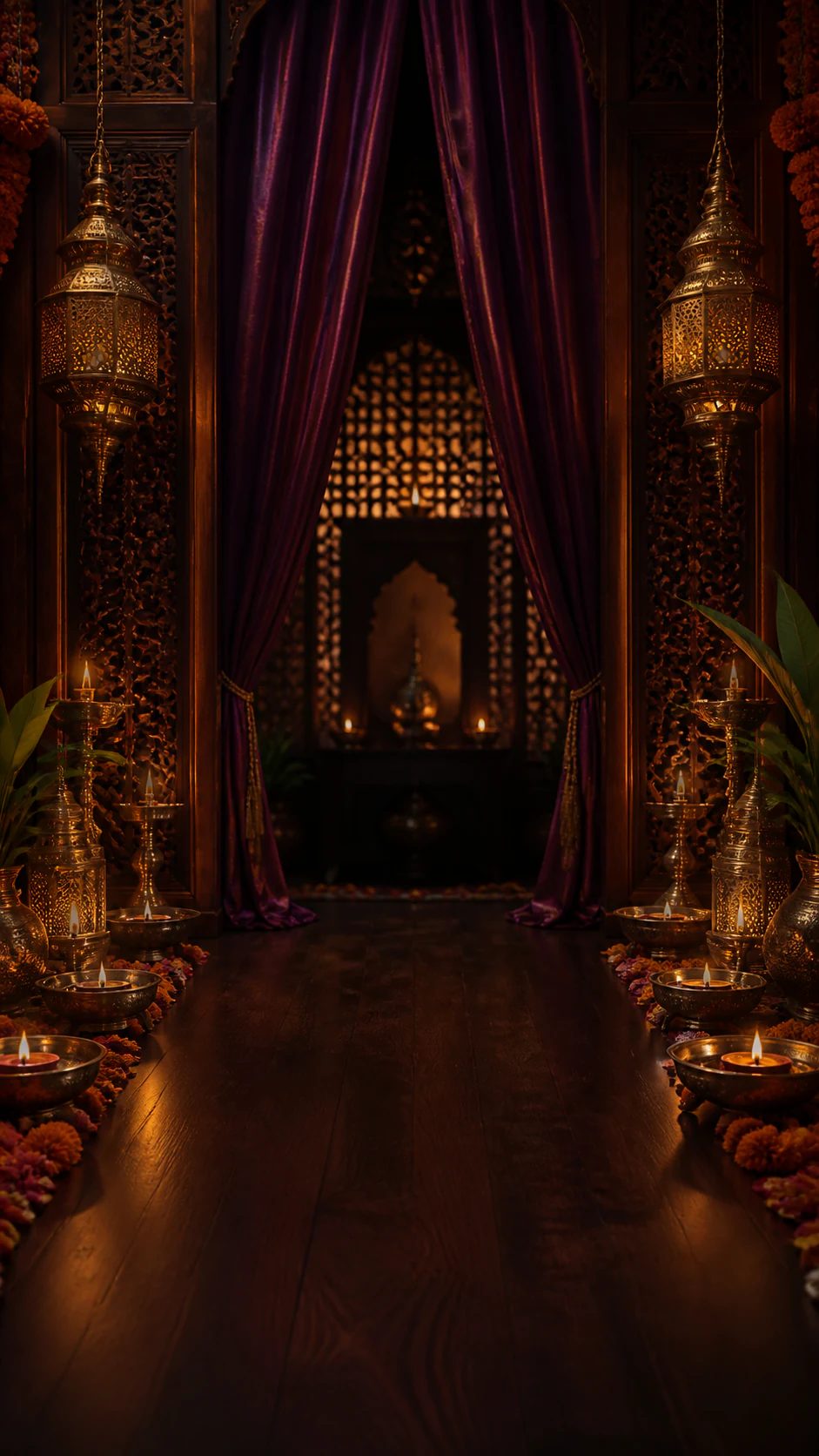 Ornate Diwali card room with carved wood, purple curtains and glowing lanterns