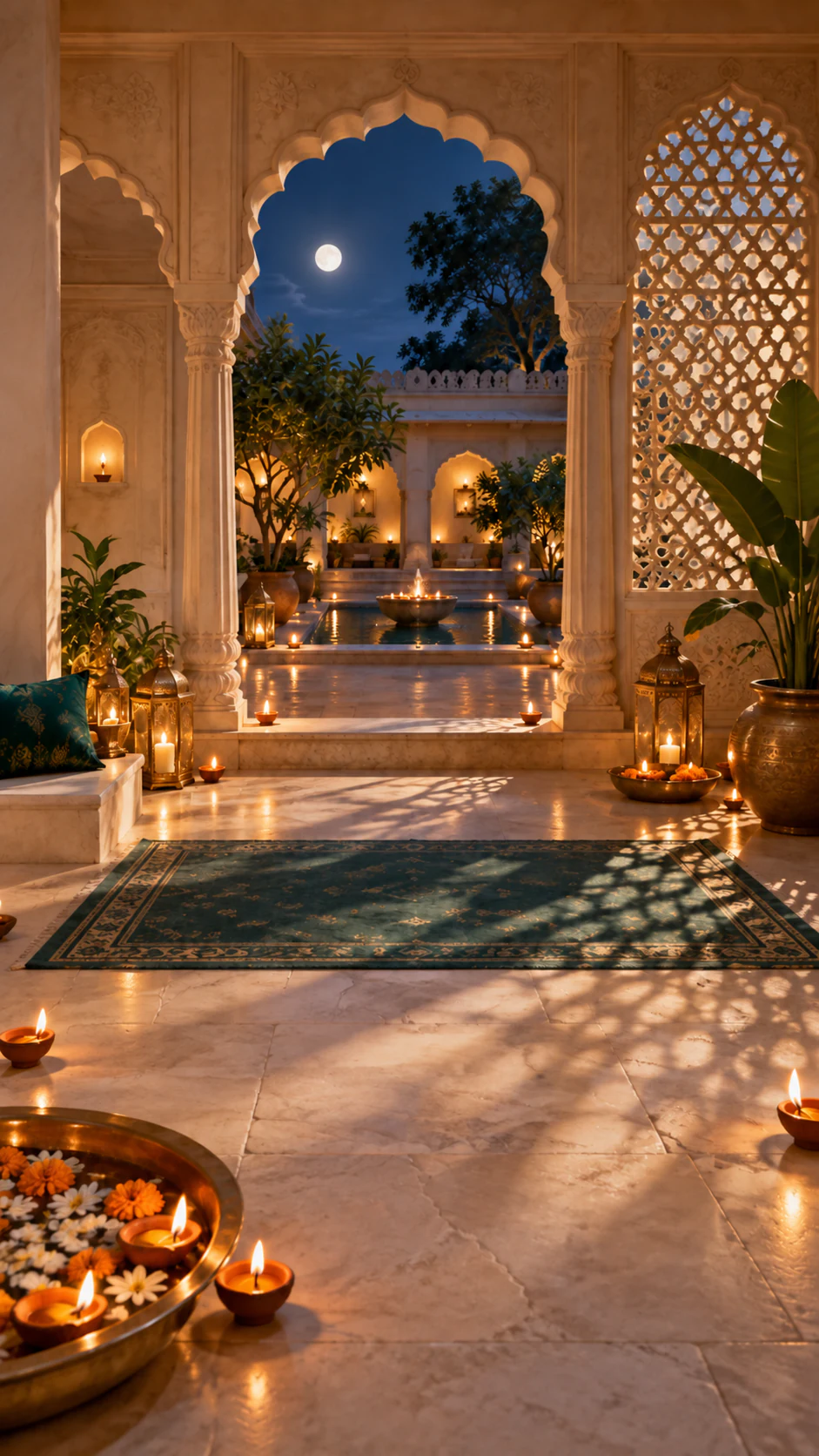 Moonlit ivory Diwali courtyard with glowing diyas, water and garden foliage